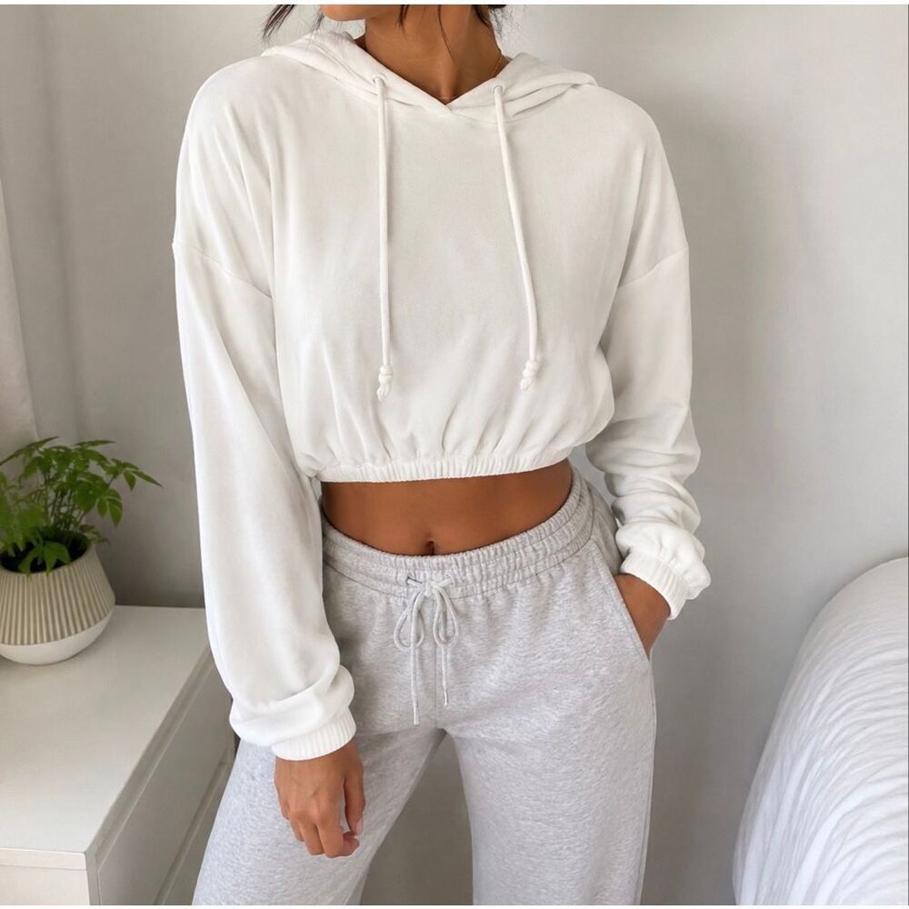 Double Zero White Velour Cropped Hoodie Pullover Size M Y2K Casual